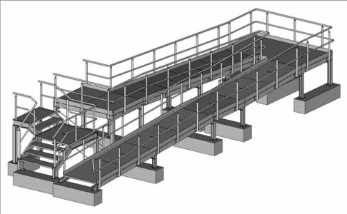 Rollstuhlrampe nach DIN 18040, Breite 1250mm mit zusätzlichem Treppenzugang aus stahl feuerverzinkt