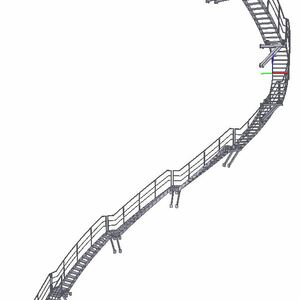 Manteilbogentreppe, Höhe 20,731m, 7 Treppenläufe, 6 Ruhepodeste, 1 Austrittspodest, Wangen, Konsolen u. Gitterroststufen aus Stahl verzinkt, Geländer aus V2A-Edelstahl